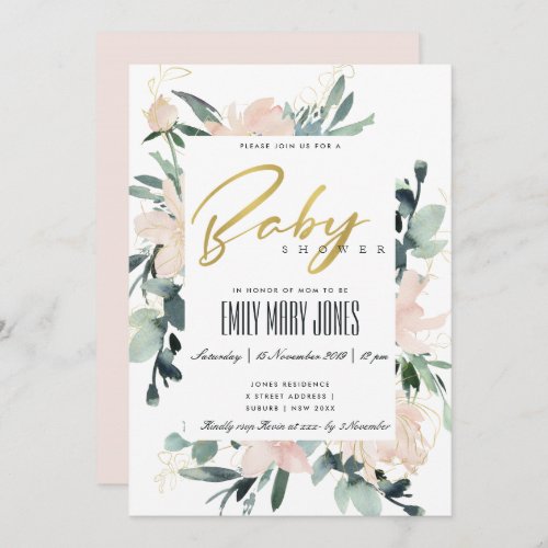 SOFT BLUSH FLORAL FRAME WATERCOLOR BABY SHOWER INVITATION