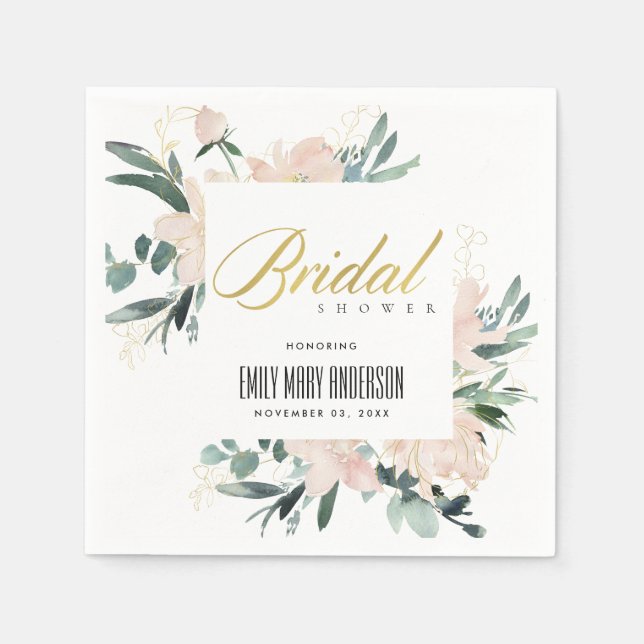 SOFT BLUSH FLORAL FRAME WATERCOLOR BRIDAL SHOWER NAPKINS (Front)