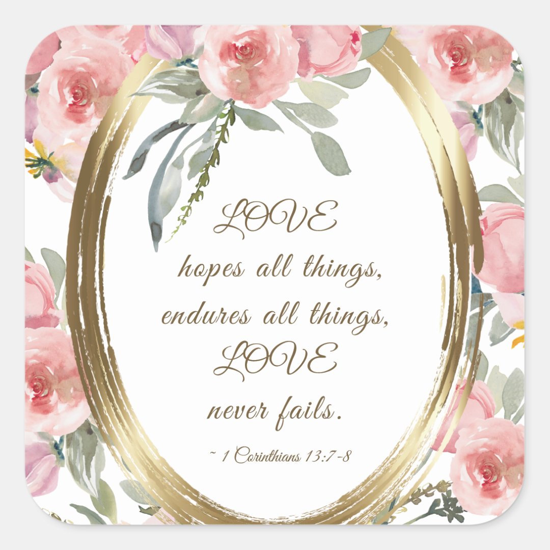 Soft Blush Floral Gold Frame Bible Verse Wedding Square Sticker | Zazzle