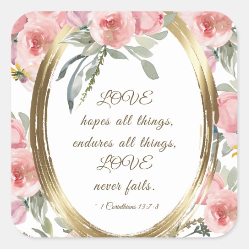 Soft Blush Floral Gold Frame Bible Verse Wedding Square Sticker