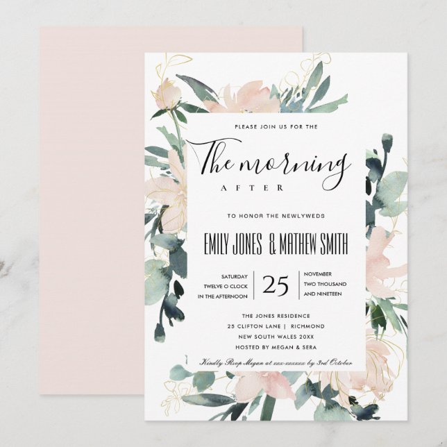 SOFT BLUSH FLORAL GOLD THE MORNING AFTER WEDDING INVITATION (Front/Back)