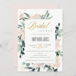 SOFT BLUSH FLORAL GOLD WATERCOLOR BRIDAL SHOWER INVITATION