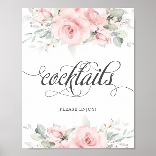 Soft Blush Floral Greenery Wedding Cocktails Drink Poster