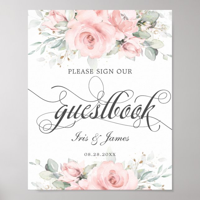 Soft Blush Floral Greenery Wedding Guestbook Sign (Front)