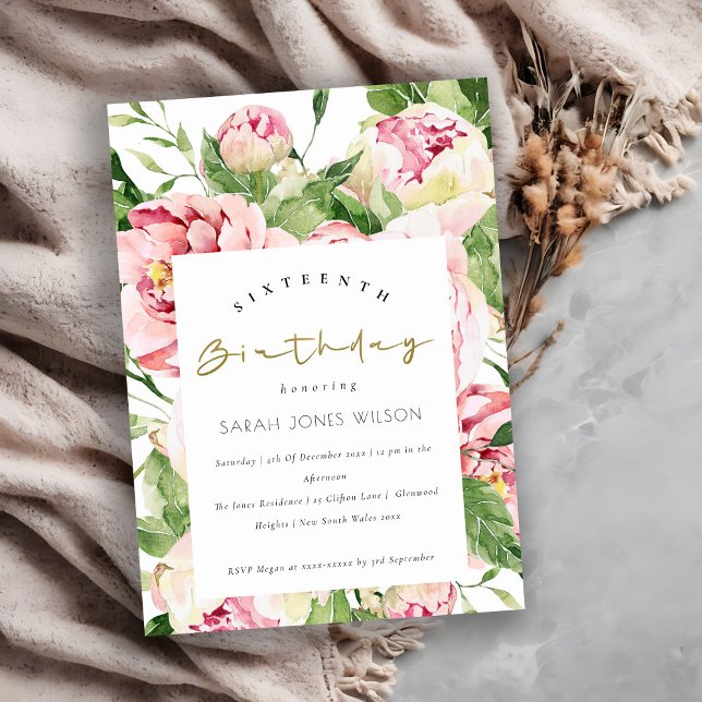 Soft Blush Floral Peony Any Age Sweet 16 Birthday Invitation (Creator Uploaded)