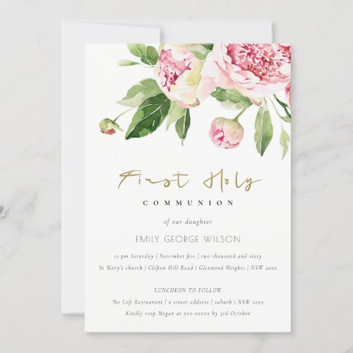 Soft Blush Floral Peony First Holy Communion Invitation