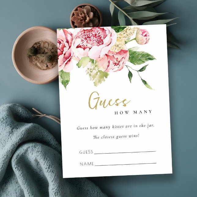Soft Blush Floral Peony Guess How Many Kisses Card (Creator Uploaded)
