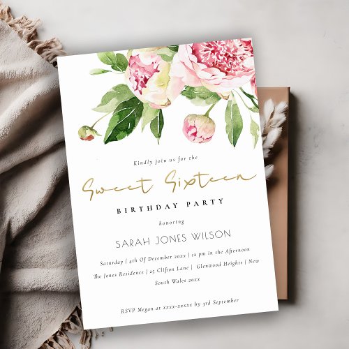 Soft Blush Floral Peony Sweet Sixteen Birthday Invitation