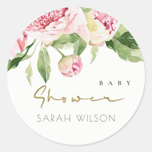 SOFT BLUSH FLORAL PEONY WATERCOLOR BABY SHOWER CLASSIC ROUND STICKER