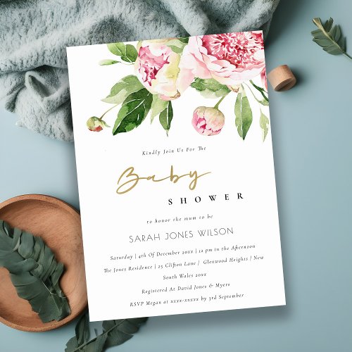 Soft Blush Floral Peony Watercolor Baby Shower  Invitation