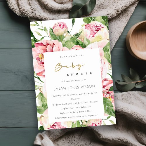 Soft Blush Floral Peony Watercolor Baby Shower Invitation