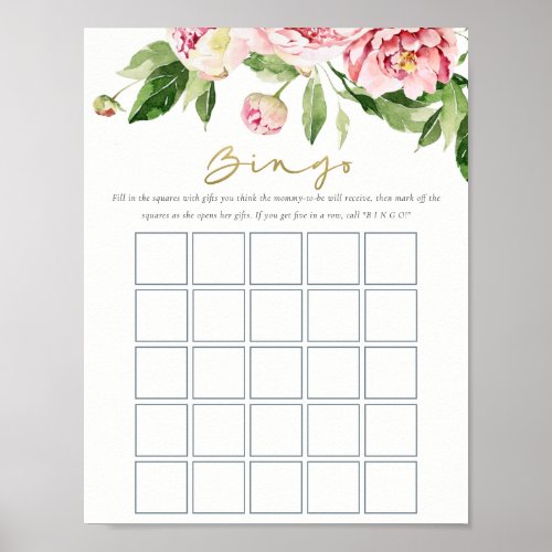 Soft Blush Floral Peony Watercolor Bingo Game  Poster