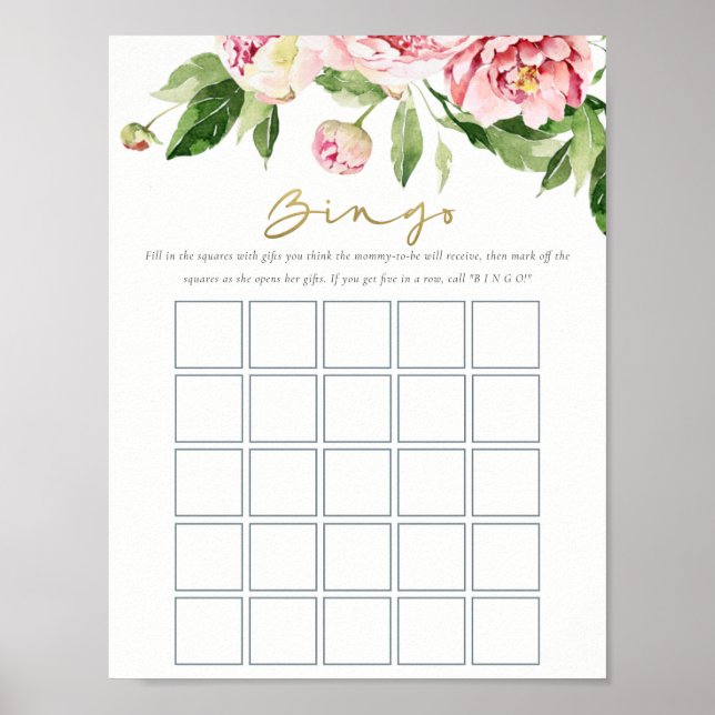 Soft Blush Floral Peony Watercolor Bingo Game  Poster (Front)
