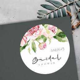 SOFT BLUSH FLORAL PEONY WATERCOLOR BRIDAL SHOWER CLASSIC ROUND STICKER