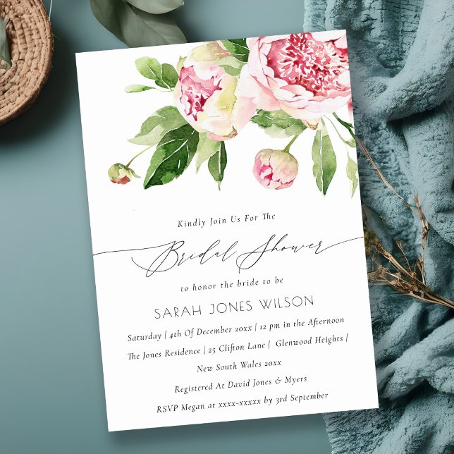 Soft Blush Floral Peony Watercolor Bridal Shower  Invitation (Creator Uploaded)