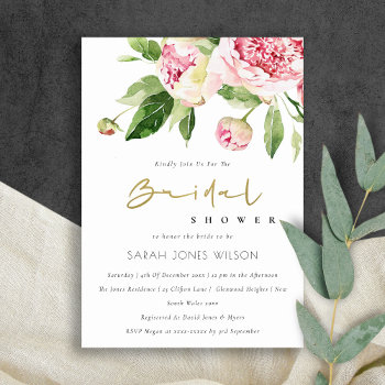 Soft Blush Floral Peony Watercolor Bridal Shower  Invitation by YellowFebPaperie at Zazzle