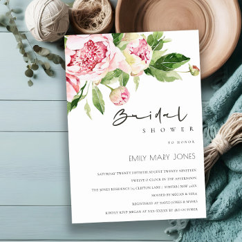 Soft Blush Floral Peony Watercolor Bridal Shower Invitation by YellowFebPaperie at Zazzle