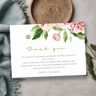 Soft Blush Floral Peony Watercolor Bridal Shower Thank You Card