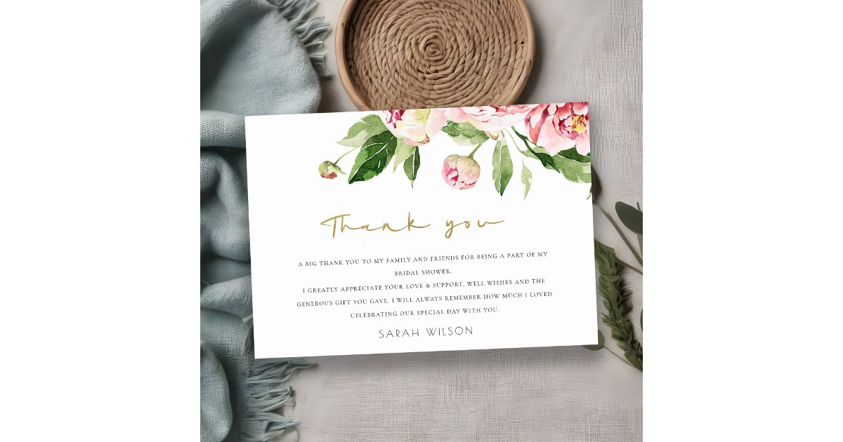 Soft Blush Floral Peony Watercolor Bridal Shower Thank You Card | Zazzle