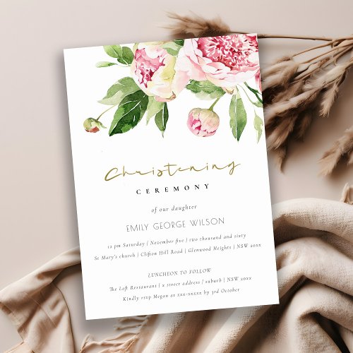 Soft Blush Floral Peony Watercolor Christening Invitation