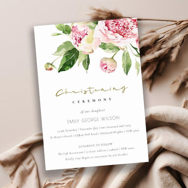 Soft Blush Floral Peony Watercolor Christening Invitation (Creator Uploaded)