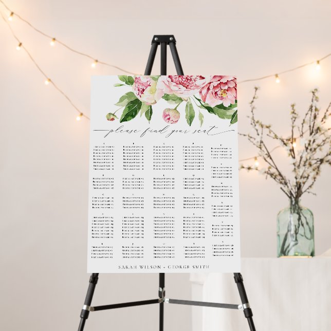 Soft Blush Floral Peony Wedding Seating Chart Foam Board (In Situ (Stand))