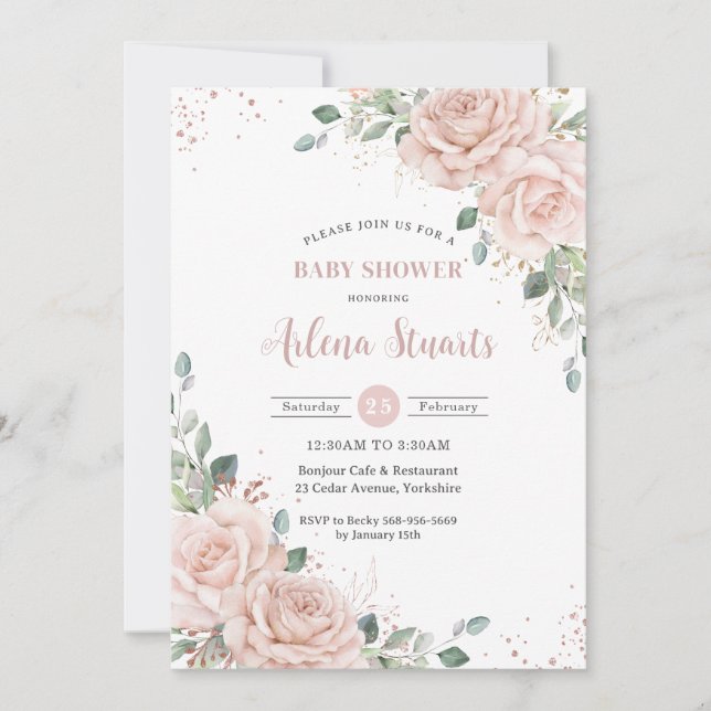 Soft Blush Floral Rose Gold Baby Shower QR Code  Invitation (Front)