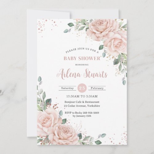 Soft Blush Floral Rose Gold Baby Shower QR Code  Invitation