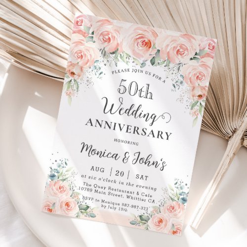 Soft Blush Floral Roses 50th Wedding Anniversary Invitation