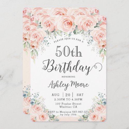 Soft Blush Floral Roses Greenery 50th Birthday Invitation