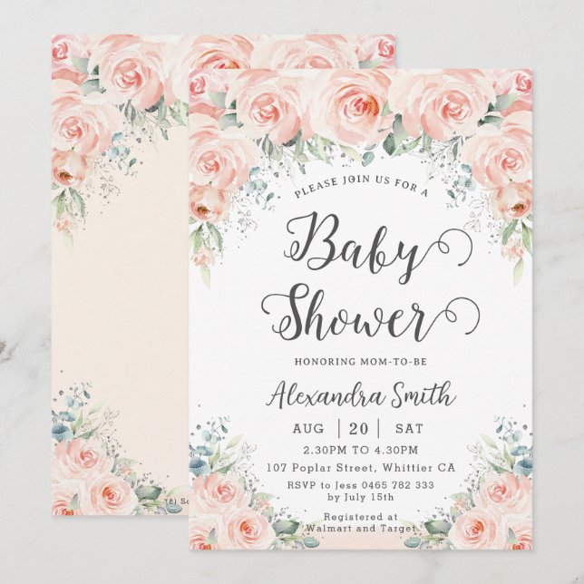 Soft Blush Floral Roses Greenery Baby Shower  Invitation (Front/Back)