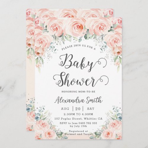 Soft Blush Floral Roses Greenery Baby Shower  Invitation