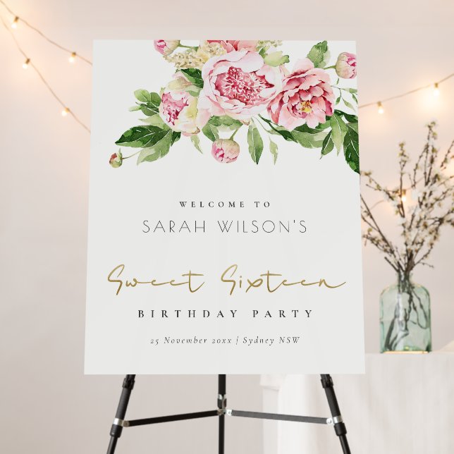 Soft Blush Floral Sweet Sixteen Birthday Welcome Foam Board (In Situ (Stand))