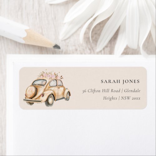 Soft Blush Floral Vintage Car Watercolor Wedding Label