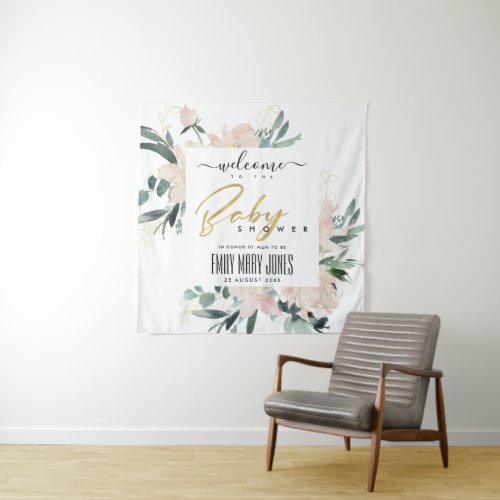 SOFT BLUSH FLORAL WATERCOLOR BABY SHOWER WELCOME TAPESTRY