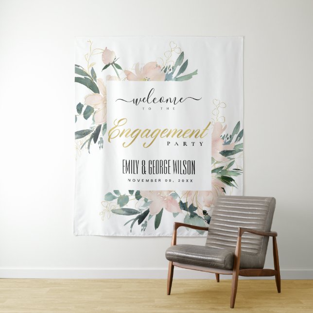 SOFT BLUSH FLORAL WATERCOLOR ENGAGEMENT WELCOME TAPESTRY (In Situ)
