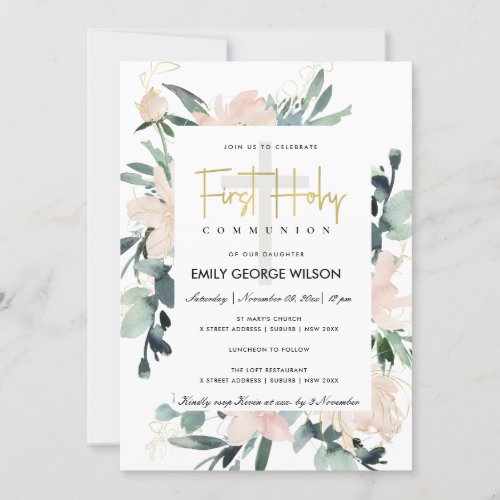 SOFT BLUSH FLORAL WATERCOLOR FIRST HOLY COMMUNION INVITATION