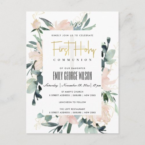 SOFT BLUSH FLORAL WATERCOLOR FIRST HOLY COMMUNION POSTCARD