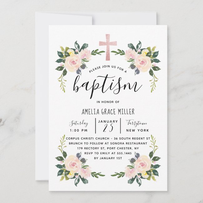Soft Blush Florals Modern Baptism Invitation