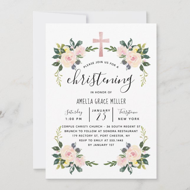 Soft Blush Florals Modern Christening Invitation (Front)