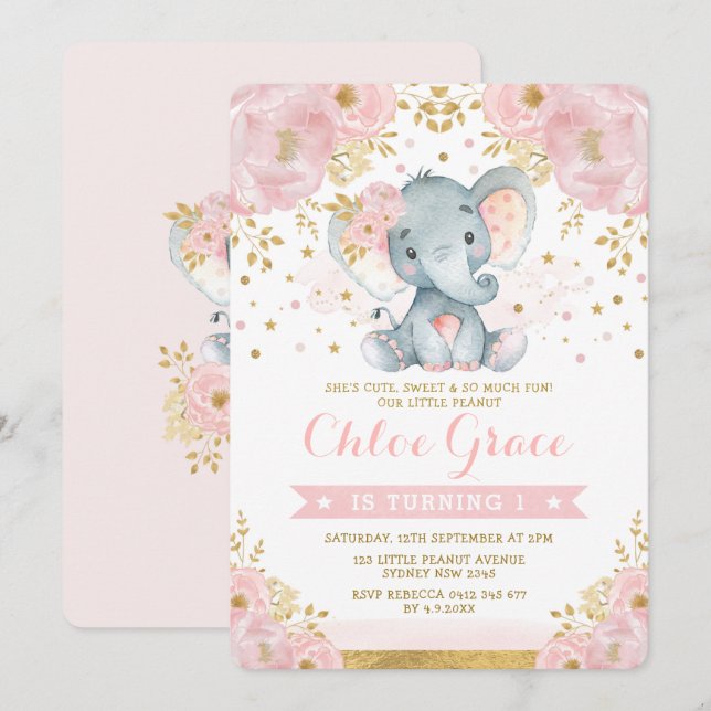 Soft Blush Gold Elephant 1st Birthday Chic Floral Invitation (Front/Back)