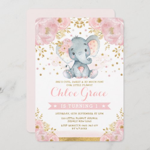 Soft Blush Gold Elephant 1st Birthday Chic Floral Invitation