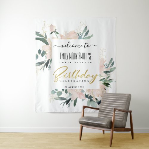 SOFT BLUSH GOLD FLORAL ANY YEAR BIRTHDAY WELCOME TAPESTRY