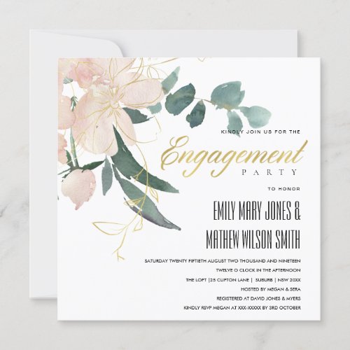 SOFT BLUSH GOLD FLORAL BUNCH WATERCOLOR ENGAGEMENT INVITATION