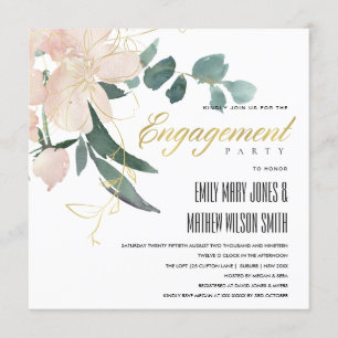 SOFT BLUSH GOLD FLORAL BUNCH WATERCOLOR ENGAGEMENT INVITATION