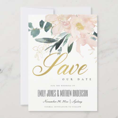 SOFT BLUSH GOLD FLORAL BUNCH WATERCOLOR WASH SAVE THE DATE
