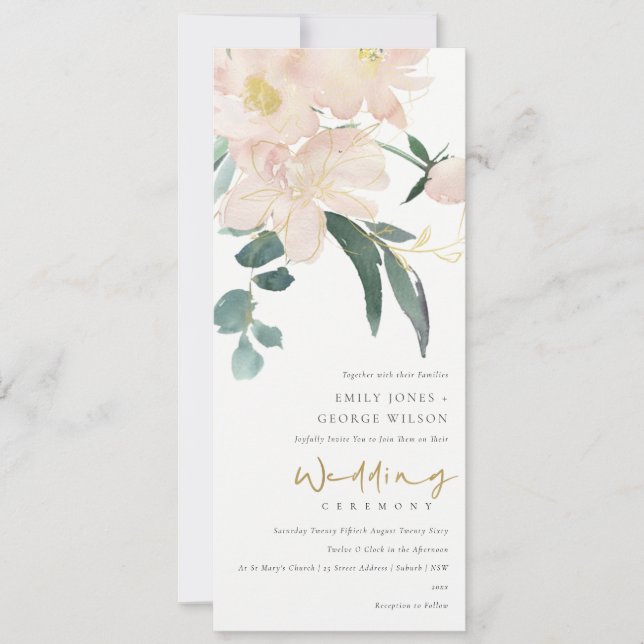 SOFT BLUSH GOLD FLORAL BUNCH WATERCOLOR WEDDING INVITATION (Front)