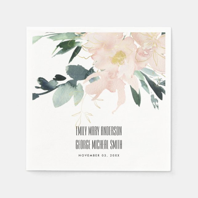 SOFT BLUSH GOLD FLORAL BUNCH WATERCOLOR WEDDING NAPKINS (Front)