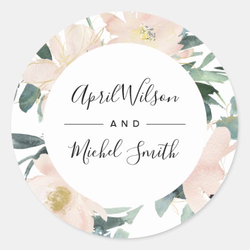 SOFT BLUSH GOLD FLORAL FRAME WATERCOLOR WEDDING CLASSIC ROUND STICKER