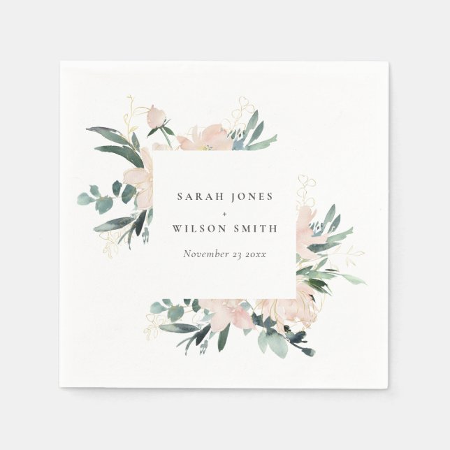SOFT BLUSH GOLD FLORAL FRAME WATERCOLOR WEDDING NAPKINS (Front)